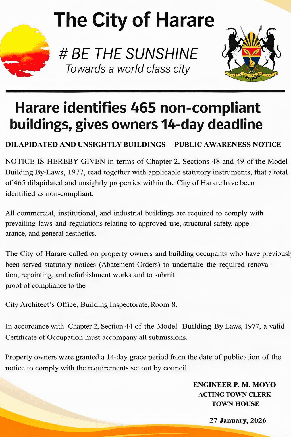 Harare identifies 465 non-compliant buildings, gives owners 14-day deadline